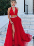 A Line High Neck Red Tulle Beadings Prom Dress with Slit LBQ3005